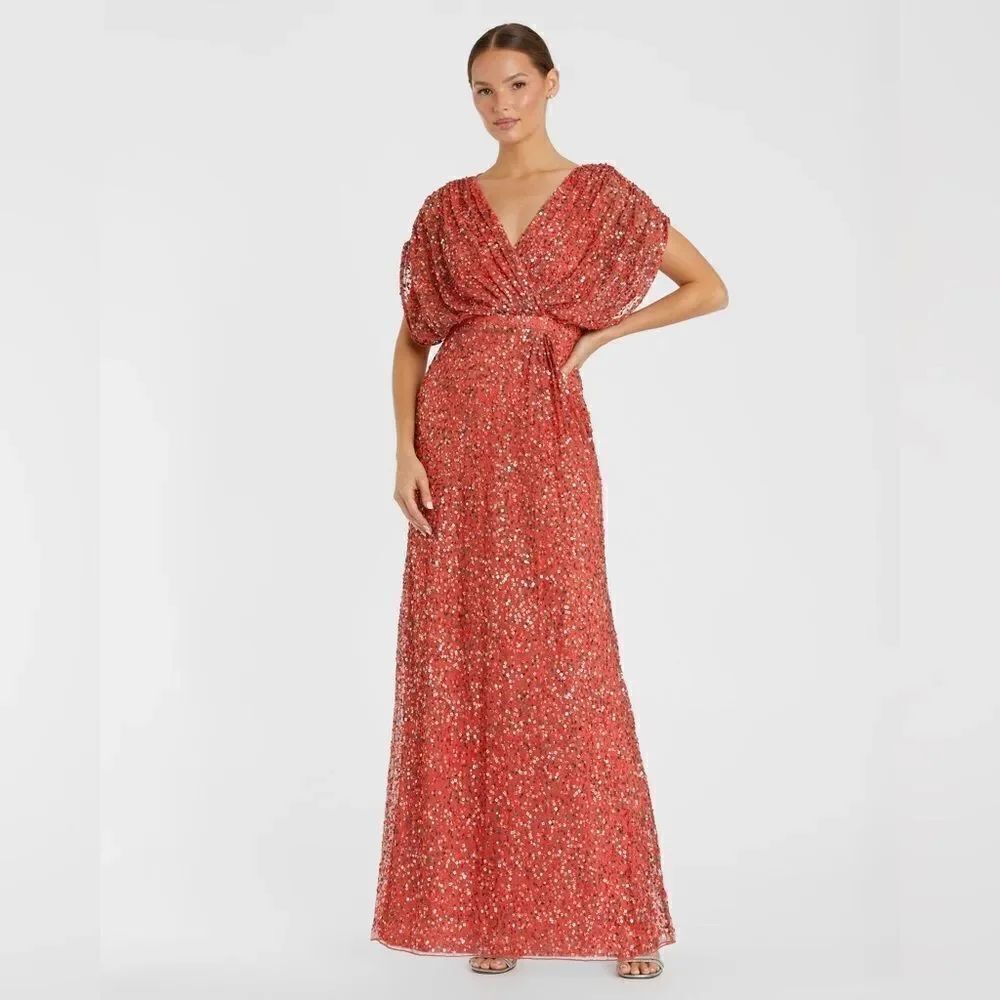 Mac Duggal Coral Size 10 Orange V Neck Drape Sleeve Long Gown Dress